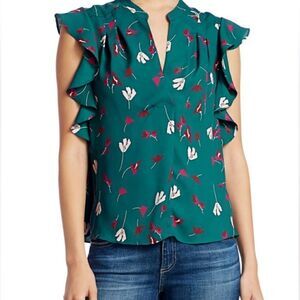 Joie Ashtina Teal Green Floral Flounce Blouse XS Fairy Whimsical Cottagecore